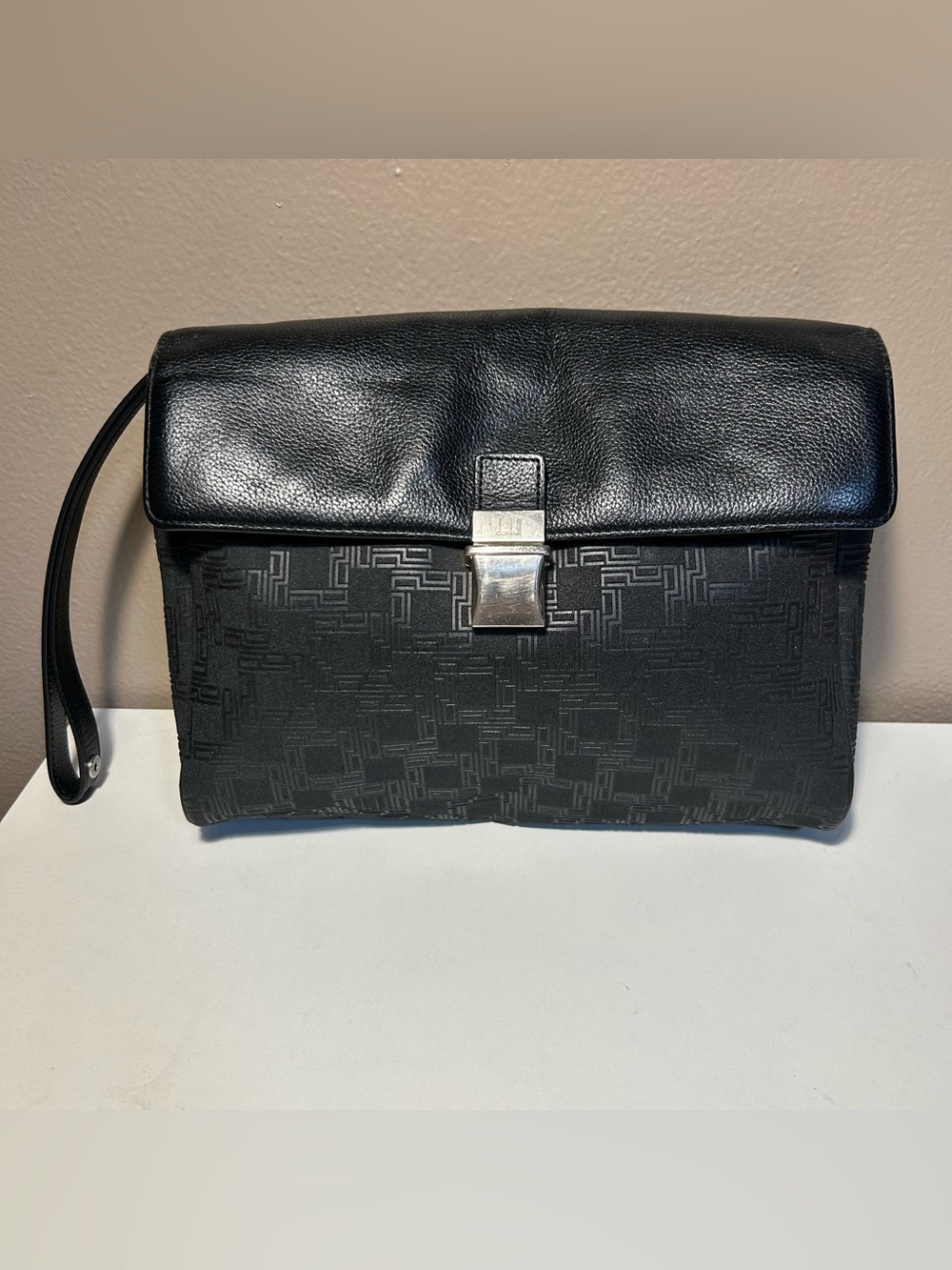 Dunhill Vintage Black Pouch Patterned Clutch Bag Travel Silver Clasp